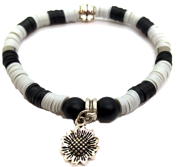 Bracelet élastique en perles Heishi noir et gris.