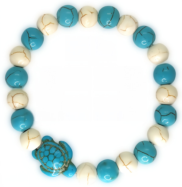 Bracelet élastique en perles turquoise de couleur bleu et blanche.