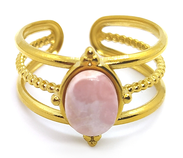 Bague multi rangs réglable, acier inoxydable doré sertie d 'une pierre Rhodochrosite naturelle rosée.